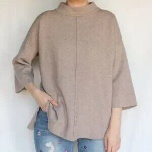Rachel Zoe Oatmeal Beige Mock Neck Hi-Low 3/4 Sleeve Sweater M Neutral Basic